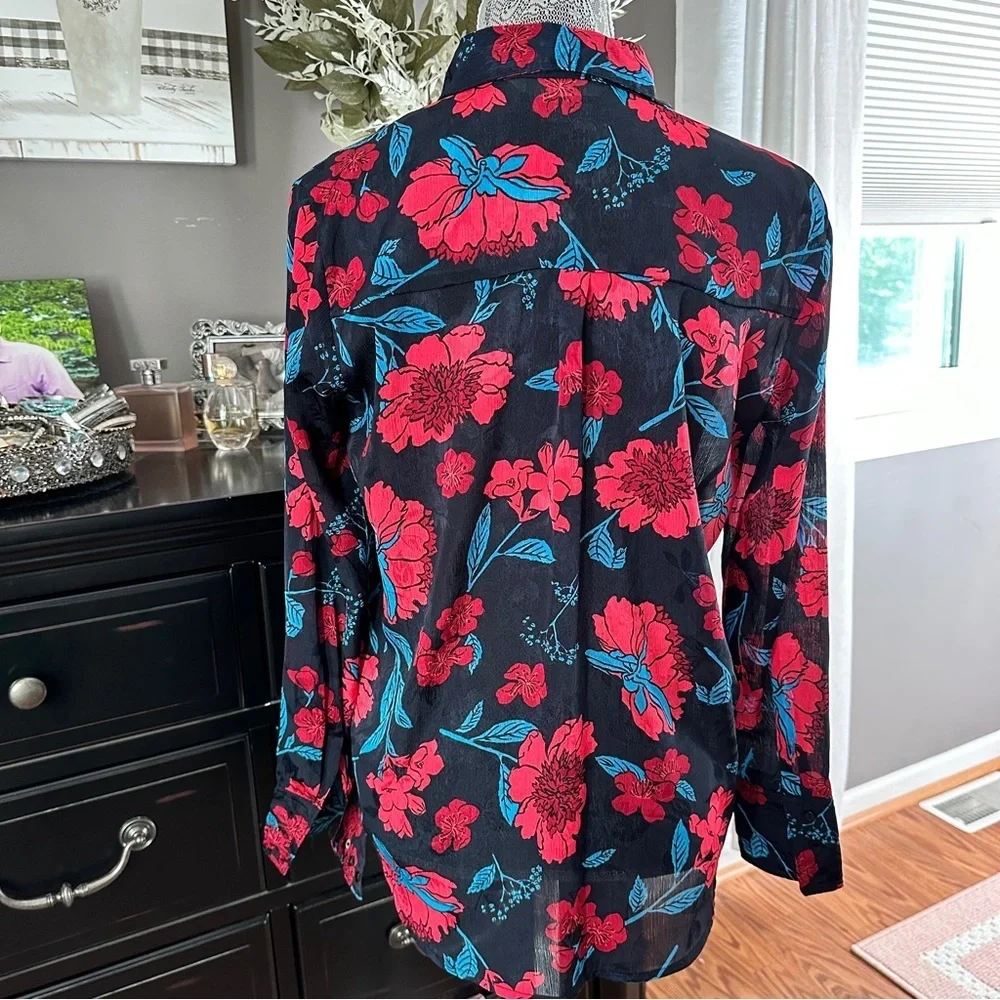 Zara Z1975 Semi-Sheer Maximalist Black Red Blue Bold Floral Blouse Size M - Picture 4 of 16